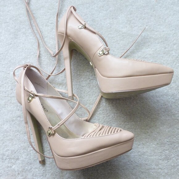 BEBE cream platform stiletto lace up pointy toe heels - Picture 7 of 11